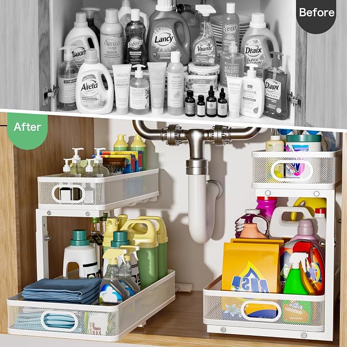 Under Sink Organizer, High Adjustable 2 Tier Under Sink Organizers and Storage, Slide out Metal Cabinet Organizers, Pull out Storage Drawer Shelf for Kitchen Bathroom Cabinet (White-1 pack) - Image 3