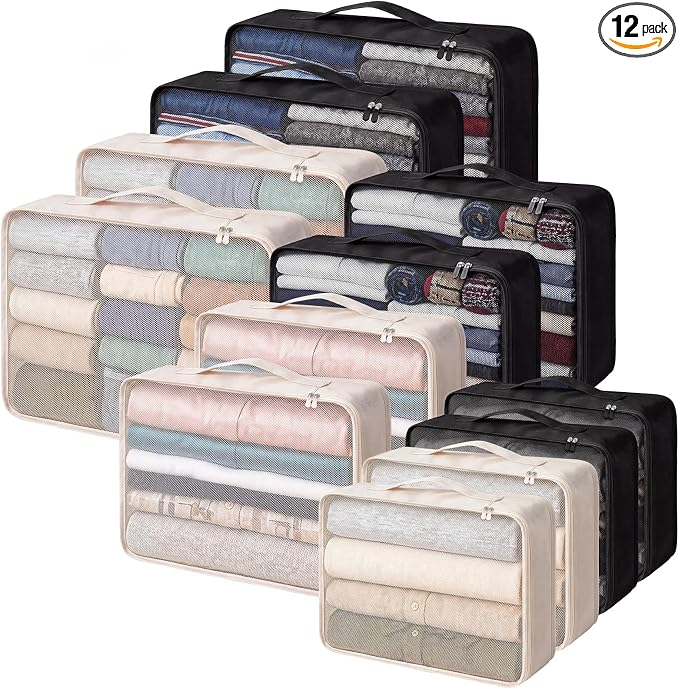 Silkfly 12 Pcs Packing Cubes for Suitcase Travel Luggage Bags Bulk Mesh Organizer Set for Hiking Camping, XL, L, M Size(Beige, Black) by Silkfly