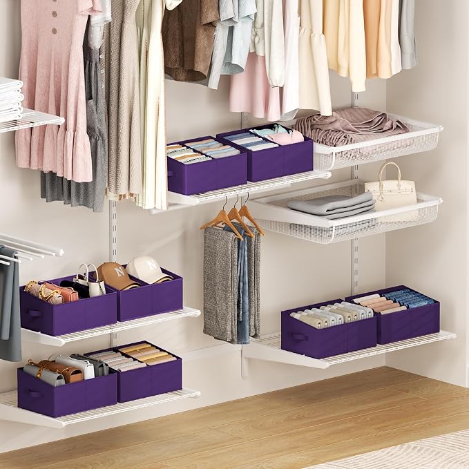 DIMJ Large Closet Shelf Organizer Bins 6 Packs with Handles and Divider, Fabric Trapezoid Storage Baskets, Foldable Clothes Containers Box for Shelf, Towel, Book, Toy, Purse, Hats, Purple - Image 6