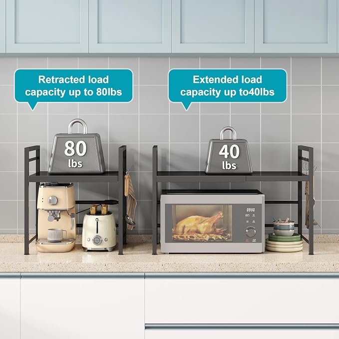 DOLALIKE Microwave Oven Rack, Expandable Microwave Stand Countertop Kitchen Utensils Tableware Storage, Carbon Steel Over Microwave Shelf Countertop with 3 Hooks | Adjustable Microwave Oven Rack Metal Storage Shelf for Pans Small Appliances Kitchen Ute... - Image 7