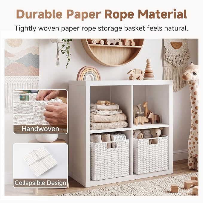 StorageWorks 11 inch Cube Storage Bin, White Storage Cubes, Wicker Baskets | 2-Pack, Handwoven Paper Rope White Wicker Baskets, Wicker Storage Cubes with Handles, Foldable Square Baskets for Organizing - Image 5