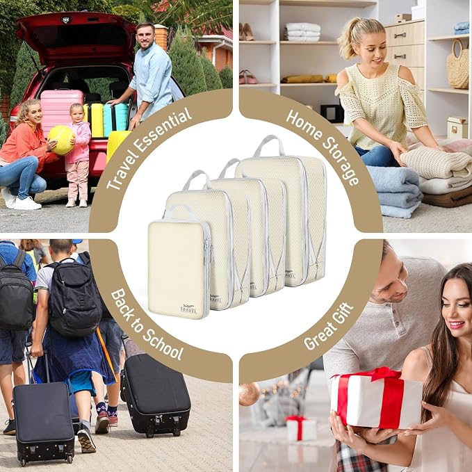 4 Set Compression Packing Cubes, Suitcase Organizer, Lightweight Travel Essentials, Compression Bags For Travel Accessories Luggage Storage Set (4 Pcs, Beige) - Image 7