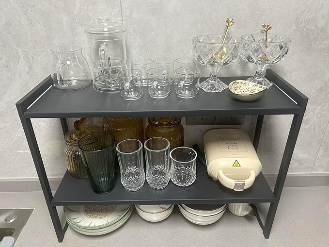 2 Tier Expandable Cabinet Shelf Organizer 14.5-25" L Kitchen Counter Shelf Rack Stand Sink Riser Countertop Storage Black (Normal 7.9”D) - Image 5