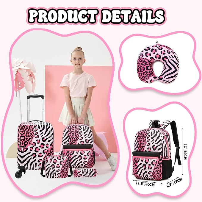 Kid's Luggage Sets Suitcases with Wheels for Girls Women 5 Piece Hardshell Toddler Suitcase Set with Neck Pillow Airplane 16'' Carry on Travel Luggage - Image 4