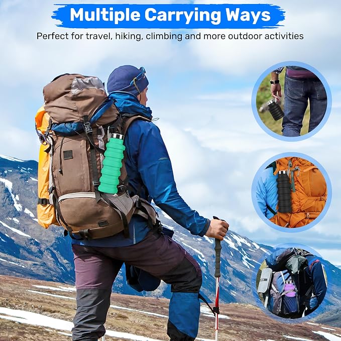 Collapsible Water Bottle, 16oz Portable Reusable Silicone Water Bottle, BPA-Free Leak-Proof Foldable Design with Carabiner, Lightweight Durable for Gym, Travel, Camping, Hiking, Sports-Green - Image 5