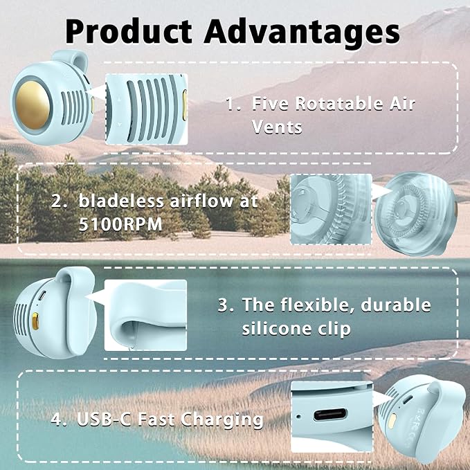 Portable Clip-On Fan, Mini USB Rechargeable 360° Rotatable Fan, Personal Fan 3-Speed Silent Mini Bladeless Fans (1pack（Blue) - Image 3