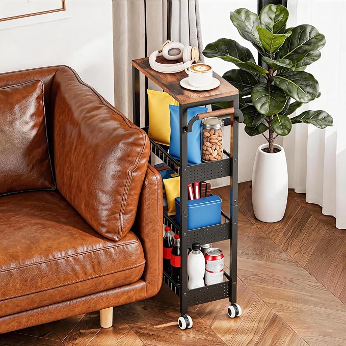 4 Tier Rolling Cart, Metal Utility Slim Storage Carts with Wheels, Small Mobile Shelf Unit Organizer Trolley with Handle and Wood Top, Rolling Cart for Laundry, Bathroom, Kitchen - Image 7