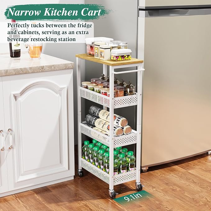 OKZEST 4-Tier Slim Rolling Storage Cart for Laundry Room, Bathroom, Kitchen | Upgraded metal hub casters, Narrow utility cart for small space/gaps, Premium wood top & metal mesh shelf, with handle & hook - Image 8