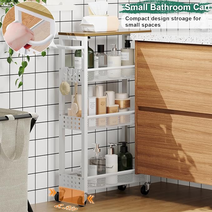 4 Tier Slim Rolling Cart with Wheels for Between Washer and Dryer Storage | White Metal Rolling Spice Rack Next to Fridge, Narrow Kitchen Cabinet for Small Spaces, Laundry Room Organizer Carts - Image 6