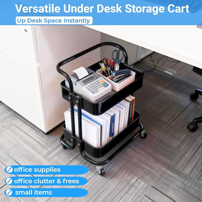 2 Tier Rolling Utility Cart with Wheels All-Metal Short Pantry Cart Under Desk Storage Trolley with Handle, Small Rolling Storage Shelf for Small Space Kitchen Laundry Room Bathroom, Black - Image 3