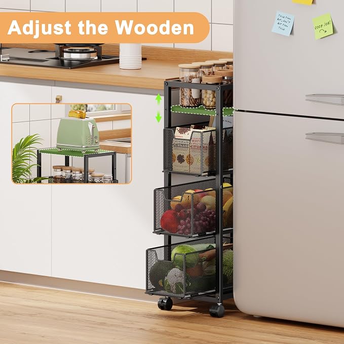4 Tier Narrow Kitchen Rolling Cart, 9.1" Wide Slim Kitchen Storage Cart with Pull-Out Baskets, Adjust Pantry Organizer and Storage Cart with Wheels, Multifunctional Fruit Vegetable Spice Storage Cart - Image 4