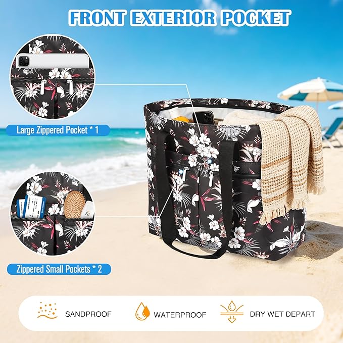 HUANLANG Large Beach Bags for Women Pool Bag with Zipper, Waterproof Sandproof Beach Tote Travel Bag with Wet Pocket - Image 3