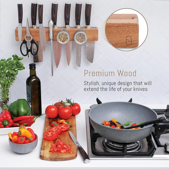 Premium 24 inch Magnetic Knife Holder for Wall with 2x Storage & Charming Wood - Knife Magnetic Strip, Under Cabinet Magnet Knives Storage - Magnet Strip Rack Kitchen Utensil Holder Organizer Tool - Image 5