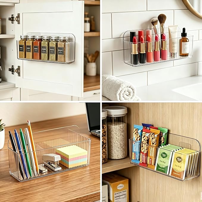 RR RAXMIN 6 Pack Cabinet Door Organizer ,Clear Storage Caddy, Adhesive Wall Mounted Organizer Bins, ,Stackable Basket for Kitchen Cabinets, Bathroom, Pantry, Office, and Tabletop Organization - Image 8