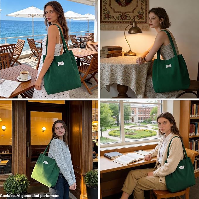 UERRUAM Corduroy Tote Bag for Women with Inner Pockets, Cute Go-to Bag | Slouchy Shoulder Bag for Everyday, Work, Books, Beach & Grocery Shopping, Lightweight Washable Foldable, Cloth Purse - Image 2