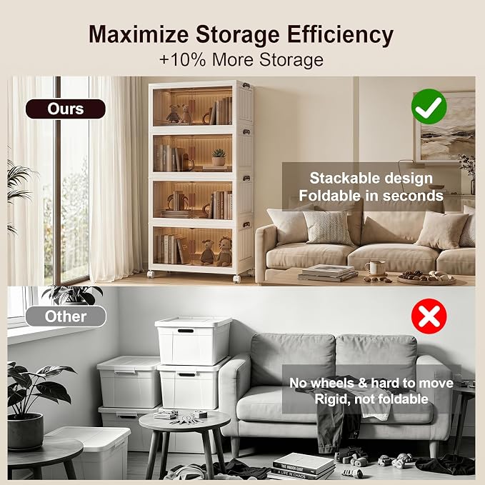 220QT Stackable Storage Bins With Lids, Collapsible Plastic Storage Bins with Wheels and Doors, Foldable Plastic Cabinets for Bedroom Dorm Garage - Image 5