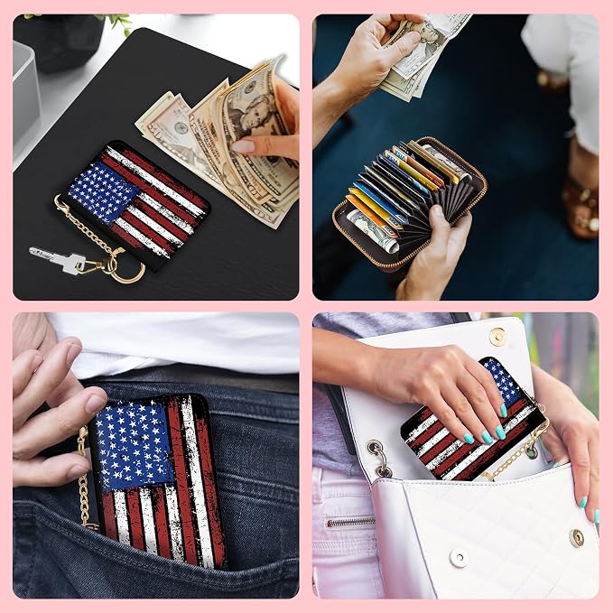 Blusabaca Women's RFID-Blocking American Flag Wallet, Leather, 12 Card Slots, 2 Coins, Zipper Closure, Waterproof | Removable Keychain, Case with Zipper, Vegan PU Leather, Cash Coin Pocket, Business Accordion Purse, Ladies Female Gift - Image 3