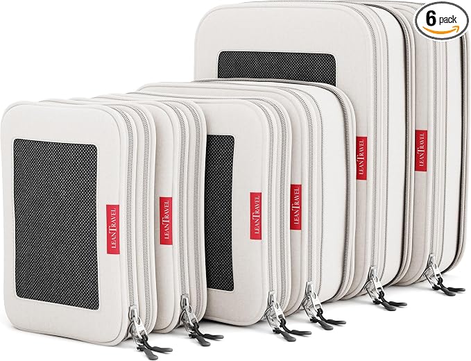 LeanTravel Premium Compression Packing Cubes for Travel - Suitcase Organizer Bags with Double Zipper & Breathable Mesh Panel - Space Saving Carry On Luggage Essentials (6-Pack, Sand) by LeanTravel