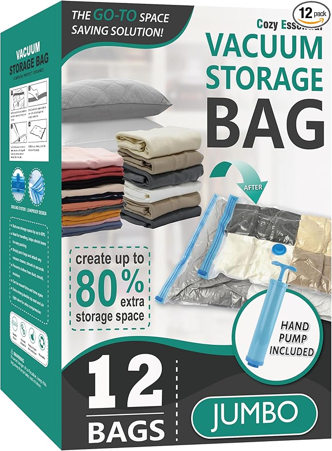 Cozy Essential Vacuum Storage Bags, 80% Compression Vacuum Seal Space Saver Plastic Packaging Bags for Clothes, Blankets, Pillow, Bedding, Comforters, Sealer Clothing Storage,12 Jumbo by CozyEssential
