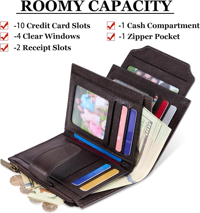 Small Wallet Women RFID Blocking Genuine Leather Bifold Compact Card Holder Wallet for Women with Zipper Coin Pocket 4 ID Window - Image 3