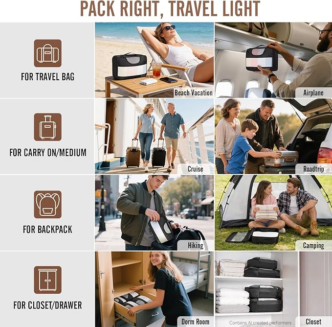 Veken 9 Set Packing Cubes for Travel,Anti-Wrinkle Buckled Suitcase Organizer with Shoe,Toiletry,Makeup Bag,Carry On Luggage Bag with 99+ Count Mesh Holes for Airplane & College Dorm Essentials - Image 8