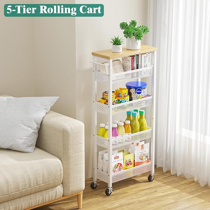 Slim Storage Cart 5 Tier Narrow Kitchen Rolling Cart on Wheels for Small Space, Metal Utility Cart Narrow Bathroom Storage Cabinet Mobile Shelf Unit Organizer with Wood Top and Handle, White - Image 7