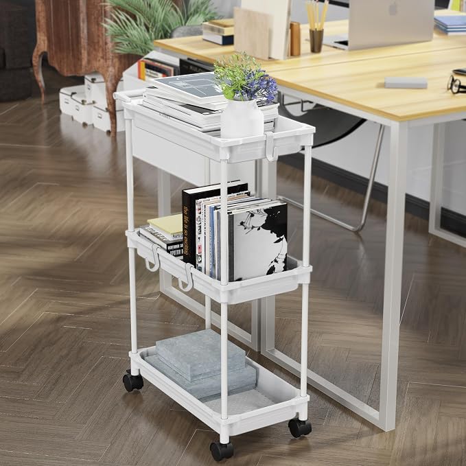 SimpleHouseware Standard 3-Tier Slim Rolling Storage Cart, White - Image 4