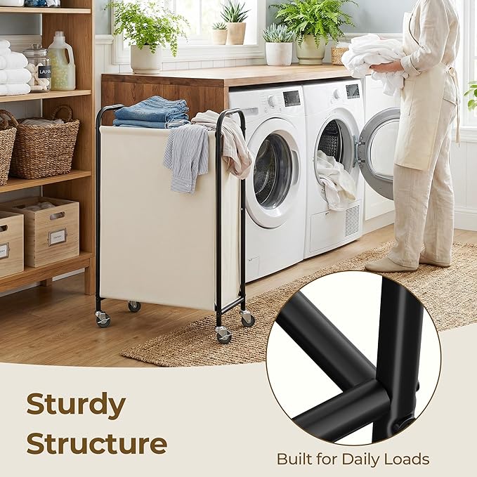 GRANNY SAYS Laundry Hamper, Slim Basket with Wheels and Handles, Beige, 80L | Heavy Duty Metal Frame, Silent Rolling Cart for Clothes in Bedroom, Bathroom, Dorm - Image 6