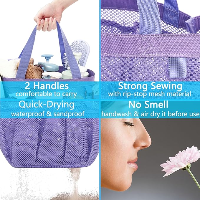Fammart Mesh Shower Caddy Portable for College Dorm Room Essentials, Odorless Polyester Large Shower Tote Bag with Dual Handles, 8-Pocket Quick-Dry Toiletry Organizer for Travel, Beach, Camping, Gym - Image 6