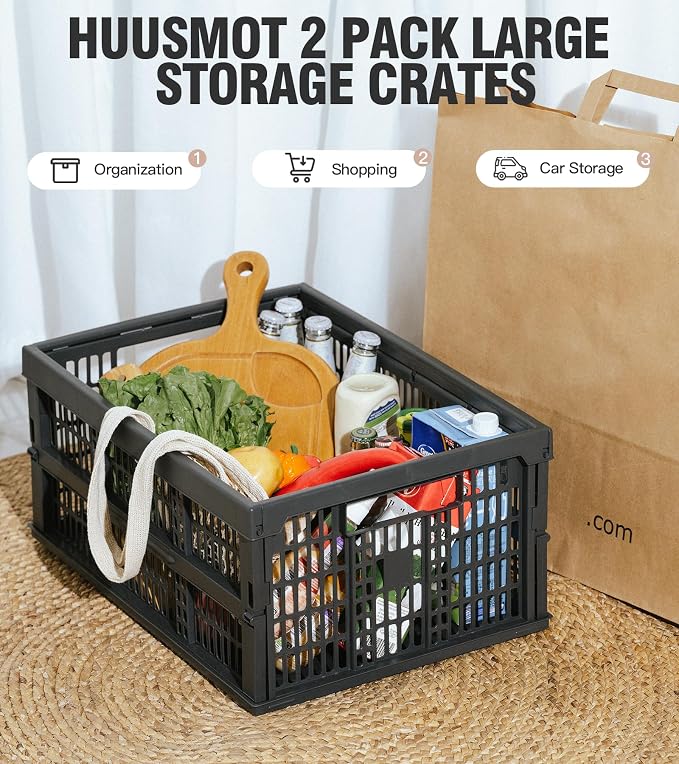 HUUSMOT 2-Pack Collapsible Plastic Storage Baskets, Dark Grey, 19"x13"x9" | Pastel, Space-Saving, Collapsible Plastic Bins, Cute Mini Storage Crates, for Classroom, Kitchen, Office, Bedroom - Image 2