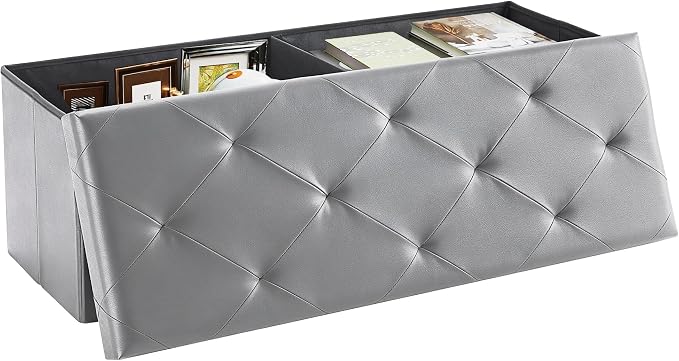 DUMOS 43 Inch Folding Storage Ottoman Bench, Large Ottoman with Storage | Storage Chest with Padded Seat, End of Bed Foot Rest Stool for Bedroom Living Room, Load 660 lbs, Synthetic Leather, Grey by DumosLifestyle