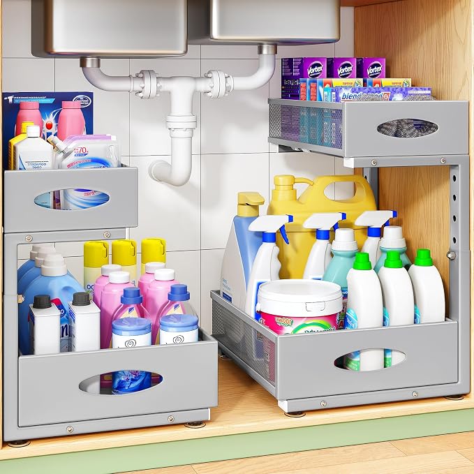 Under Sink Organizer, 1-Pack Pull Out Cabinet Organizer 2 Tier Metal Slide Out Storage Shelf Rack, L-Shaped Adjustable Height,Mesh Sliding Drawer for Kitchen, Bathroom, Laundry, Pantry, Grey, XL by Kitstorack