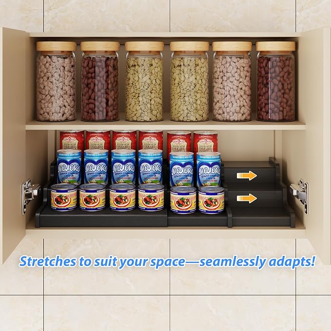 3-Tier Expandable Bamboo Can Organizer for Pantry, Holds 24 Cans, Black | Adjustable Can Storage Rack for Pantry, Can Holder for Kitchen Cabinets, Canned Food Soda Organizer, Black (Patent Pending) - Image 6