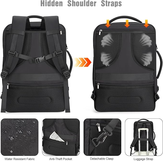 Tzowla 40L Expandable Travel Laptop Backpack for Men Women Carry on Flight Approved,Large Capacity Anti Theft Backpacks with Giant Tumbler Holder Pocket,Personal Item Bag Fit 17.3" Computer（Black - Image 5