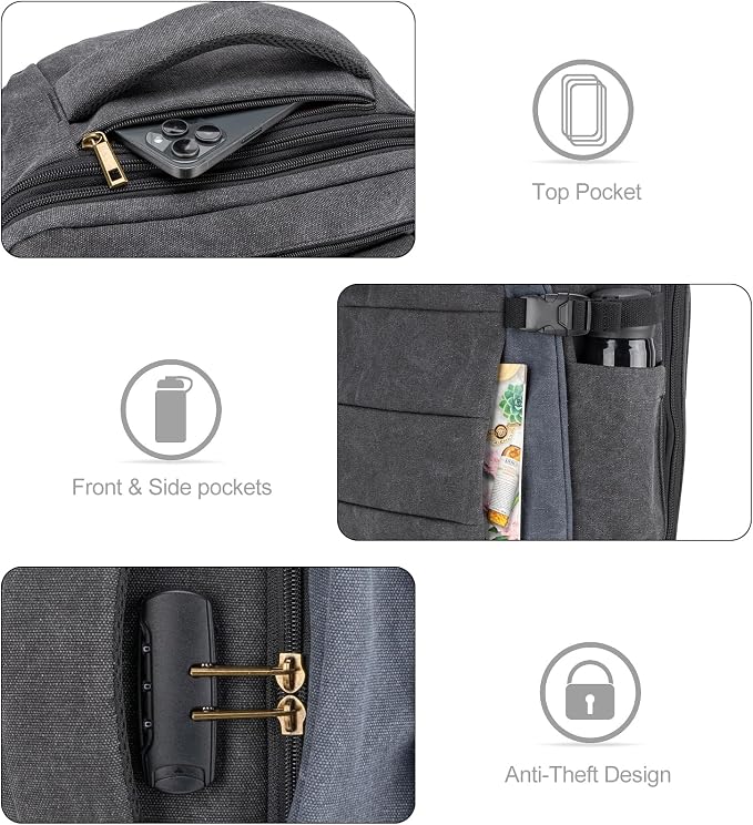 Tzowla 40L Canvas Expandable Travel Laptop Backpack for Men Women Carry on Flight Approved,Large Capacity Anti Theft Backpacks,Vintage Personal Item Bag Fit 17.3" Laptop(Black & Blue) - Image 4