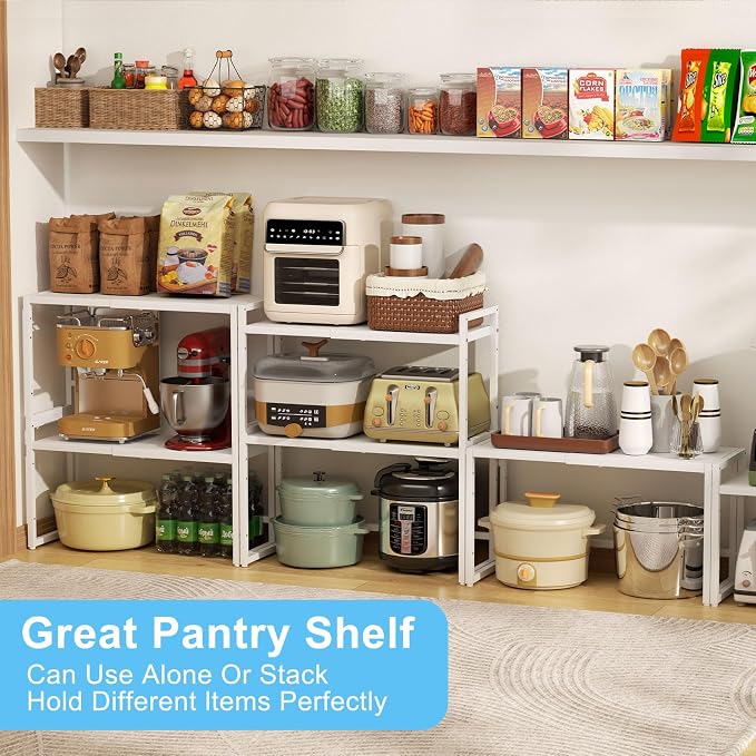 2 Pack Expandable Kitchen Storage Shelves,110LBS Heavy Duty Metal Shelving Unit and Storage for Pot Pans,Adjustable Stackble Small Storage Shelf Organizer for Kitchen Under Cabinet Pantry Garage,White - Image 8