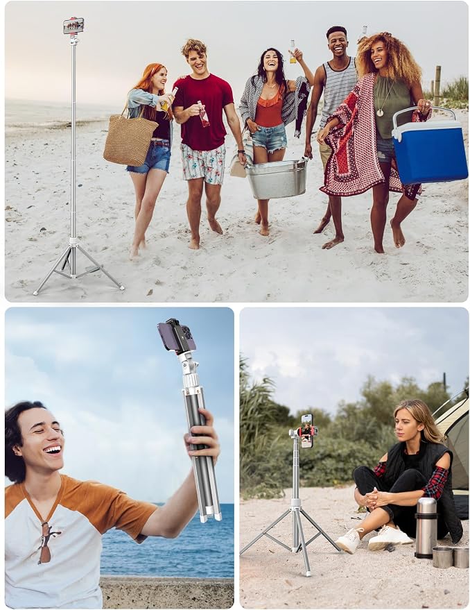 71'' Phone Tripod Stand, Extendable Reinforced Aluminum Phone Stand with Wireless Remote, Stable Cellphone Tripod Compatible with iPhone 14/13/12 Galaxy S23/S22 Huawei (White) - Image 6