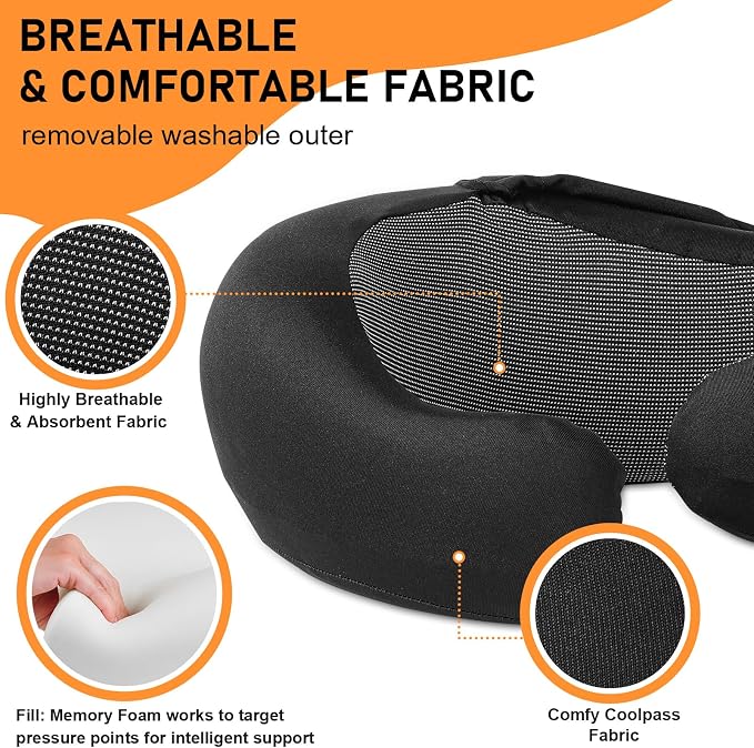 Travel Pillow - Hooded Neck Pillow Airplane Memory Foam Filling | for Plane, Office, Cars Sleeping, Road Trip, Long Flights Essentials, Includes Eye Mask & Earplugs (Black) - Image 3