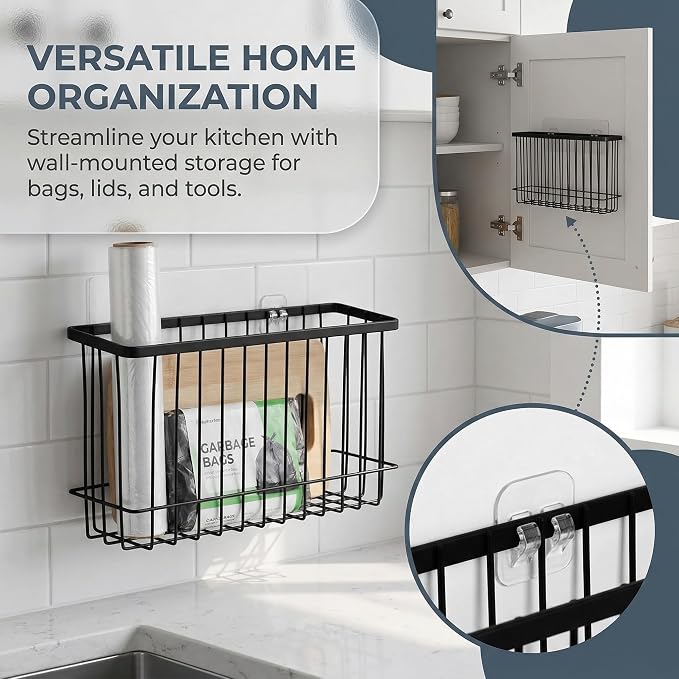 2 Pack Adhesive Cabinet Door Organizer, No Drilling Required, Hanging Storage Basket Organizer Wall Mounted Pantry, for Kitchen, Fridge, Bathroom (Black) - Image 3