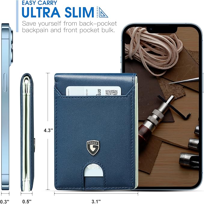 GSOIAX Slim Wallet for Men RFID Blocking Bifold Wallet Carbon Fiber Front Pocket Wallet with 11 Card Holder Minimalist Mens Wallet with Gift Box(Dark Blue and Beige) - Image 2