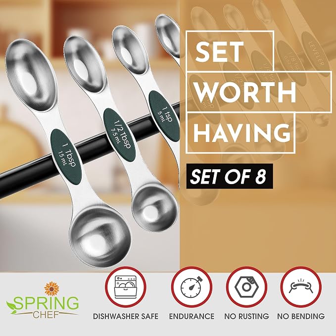 Spring Chef Stainless Steel Magnetic Measuring Spoons Set of 8, Pine Green | Nesting Metal Teaspoon & Tablespoon Measuring Spoons with Leveler for Dry & Liquid Ingredients, Dual Sided, Dishwasher Safe - Image 2