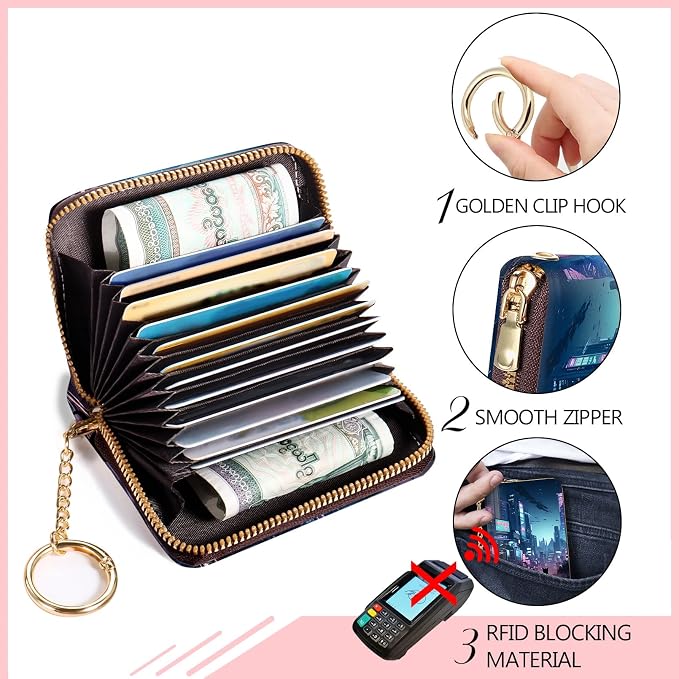 Blusabaca RFID Credit Card Holder Small Women Travel Wallet, Cyberpunk Art | Removable Keychain, Case with Zipper, Vegan PU Leather, Cash Coin Pocket, Business Accordion Purse, Ladies Female Gift - Image 4