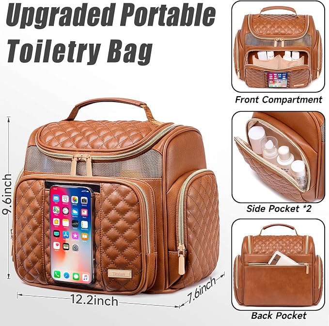 Large Leather Toiletry Bag for Women Men,Bathroom Bag,Water Resistant Shower Bag,Makeup Bag,Portable Shower Caddy for College Dorm,Hanging Travel Toiletry Bag with Transparent Waterproof Phone Pocket - Image 4