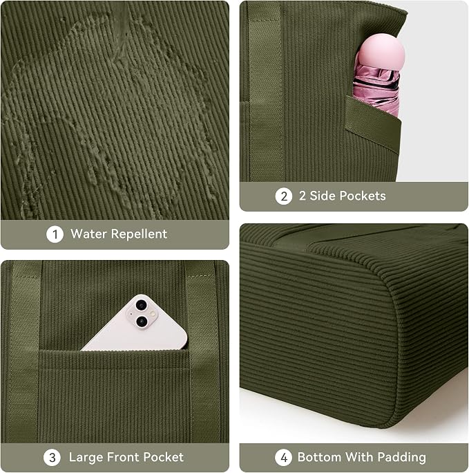 Tote Bag for Women, Casual Hobo Handbags with Compartments | Water Repellent Corduroy Large Capacity Fits 15.6" Laptop Zipper Closure for Travel Work School - Image 6