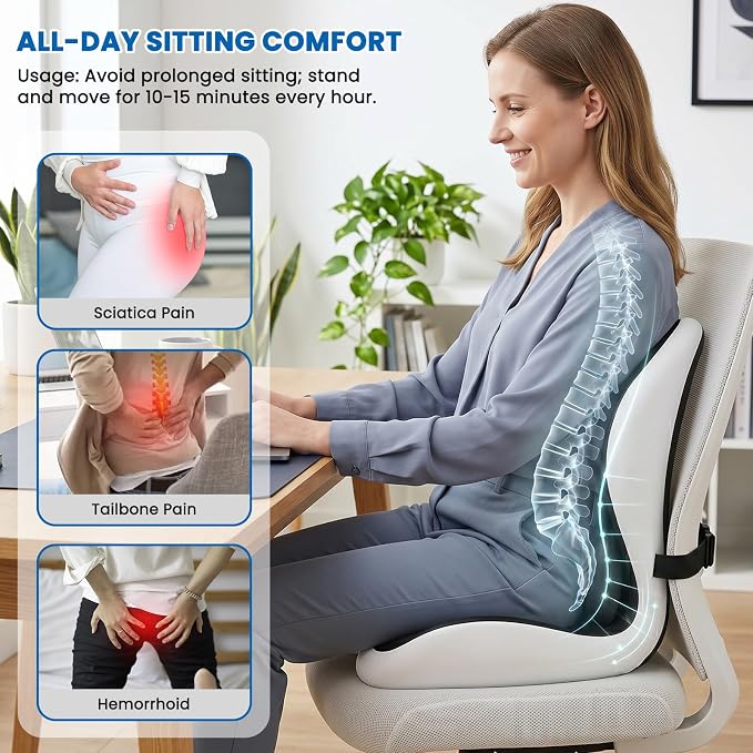 Large Car Seat Cushion with Lumbar Support Pillow for Long Sitting | Hollow Design for Coccyx, Reducing Sciatica Pressure, Tailbone & Lower Back Comfort, Memory Foam Cushion, Non-Slip for Chair - Image 6