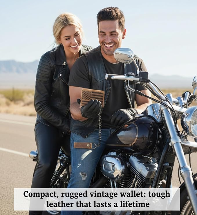 F&L CLASSIC RFID Blocking Men's Tri-fold Vintage Biker Cowhide Leather Steel Chain Wallet,Snap closure, brown,flag,315-100 - Image 6