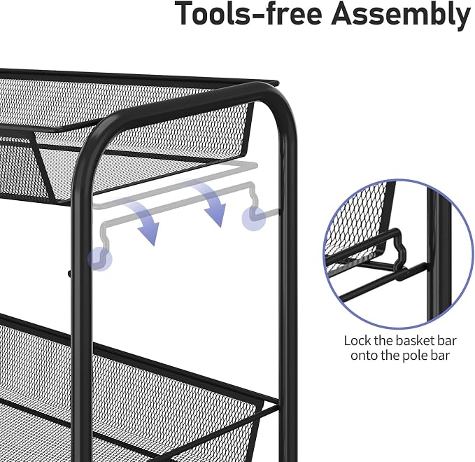 TOOLF 3 Tier Rolling Cart, Metal Utility Storage Cart with Wheels, Black | 3 Hooks, Screwless Assembly, Trolley Organizer for Bathroom, Kitchen, Office, Nursery, Dorm, Laundry Room - Image 4