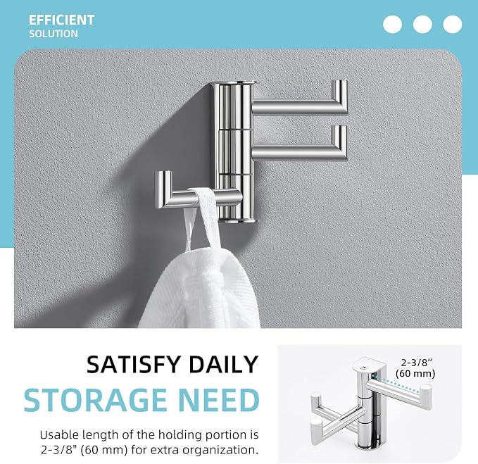 Angle Simple Swivel Towel Hook 3 Arms, Robe Coat Wall Hook, Polished Chrome | Rustproof SUS304 Stainless Steel Hand Towel Holder, Foldable Space Saver for Bathroom Kitchen Closet Entryway, Screws Mounted - Image 4