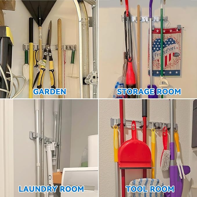 reliahom Broom Holder Wall Mount Mop Hanger Tools organizer 4Racks 5Hooks | Adjustable Stick or Screw Mop Broom Wall Hanging Tool Storage Rack Space-saving for Garage,Kitchen,Laundry Room,Garden,Silver - Image 6