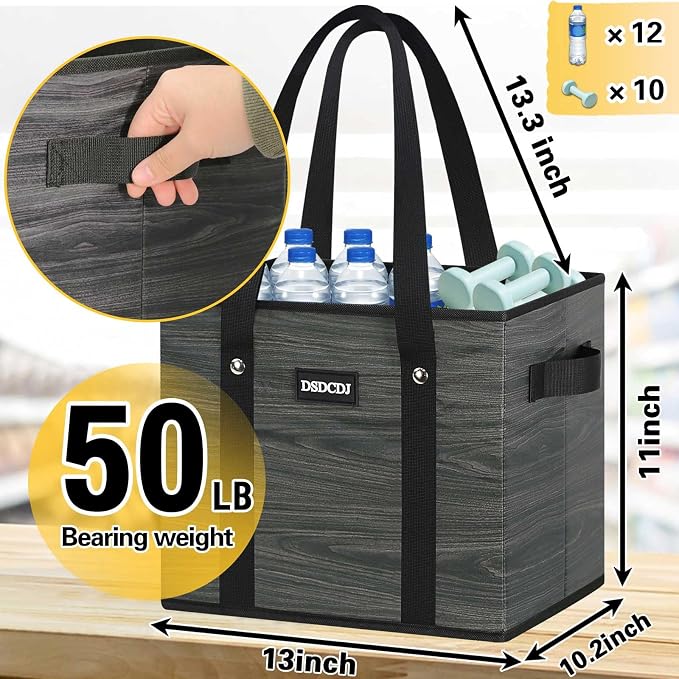 Reusable Grocery Bags - Heavy Duty Reusable Shopping Bags with Hard Bottom & Long Handles, Foldable Large Utility Tote Bag with Box Shape to Stand Up - for Kitchen, Picnic, 3 Pack, Grey - Image 4